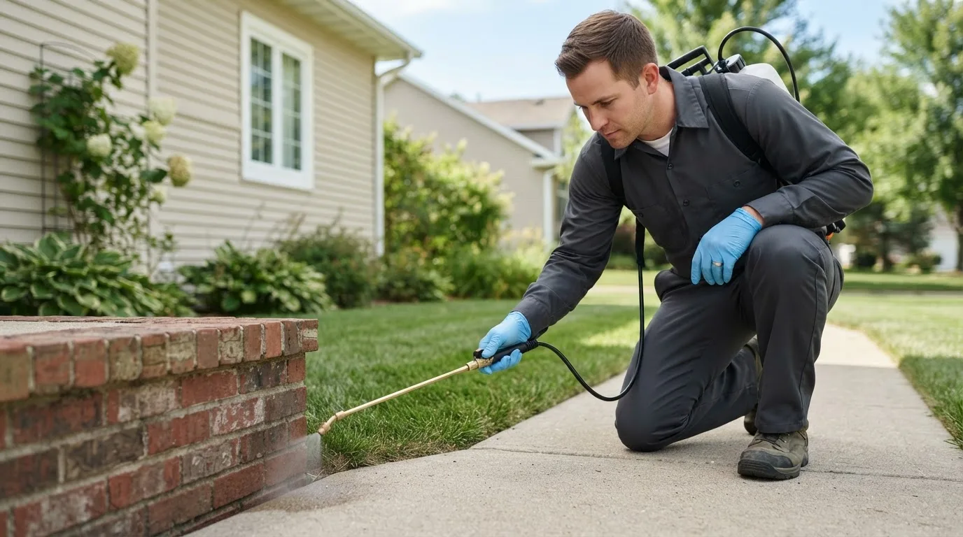 Pest control technician treating a home near Stella, MO